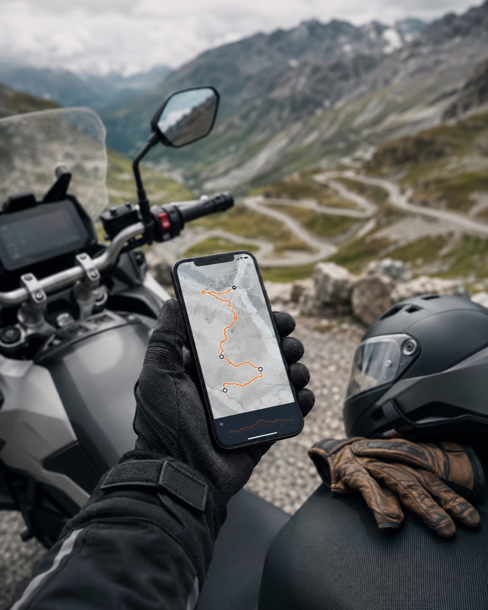 Motorcycle route planning map on a phone above a mountain pass.