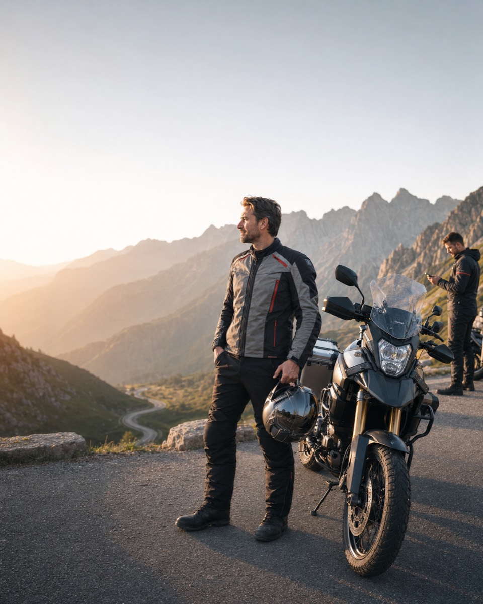 Motorcyclist stopped beside a scenic mountain pass at sunset.